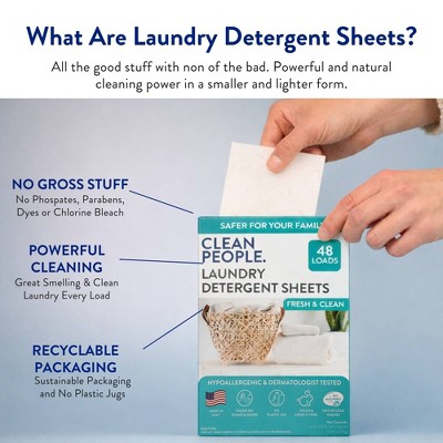 Clean People Laundry Detergent Sheets - Fresh & Clean - 48 Loads: Hypoallergenic, Dye-Free, Vegan, Sensitive Formula