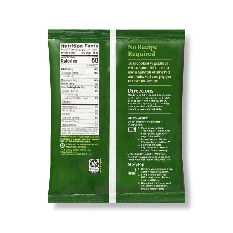 Green package with nutrition facts and cooking directions for vegetables, including microwave and stovetop instructions.