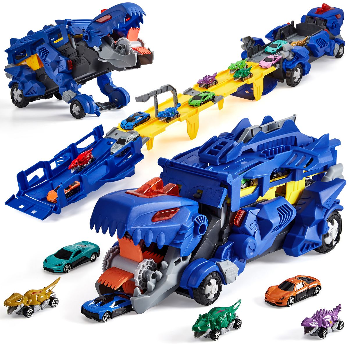 Dinosaur Transporter Race Car Track Set with 12 Die-Cast Cars (3 Styles), 44.3" Ejecting Dinosaur Track Car Ramp Toy