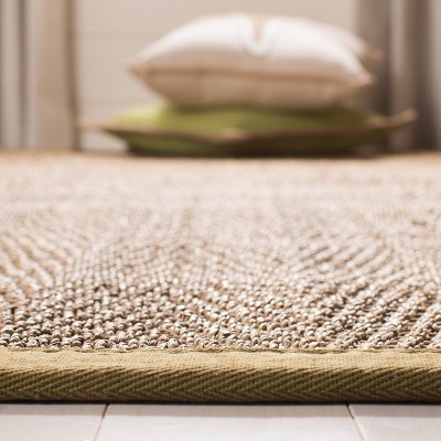 Natural Herringbone Seagrass Area Rug with Olive Border