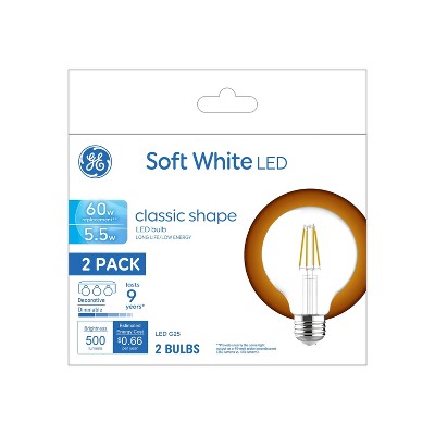 GE 2pk 60W G25 LED Globe Light Bulbs Soft White GCSWC: Dimmable, 5.5W, 500 Lumens, E26 Base, 2700K, 9.1-Year Life
