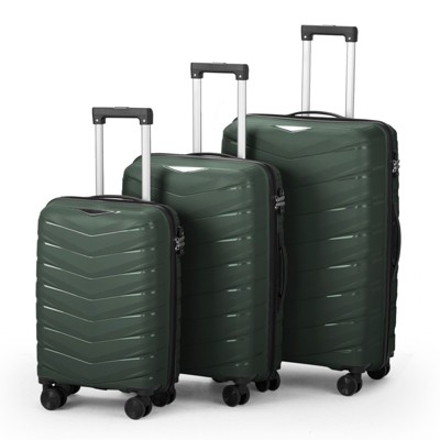 Karl Home 3 Piece Suitcases, PP Hard Shell Suitcase 20 inch 24 inch 28 inch Luggage Sets Double Wheels with TSA Lock Green