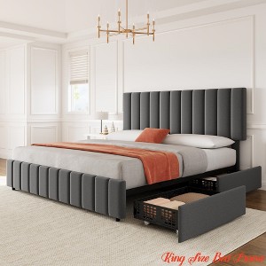 Full/Queen/King Size Bed Frame, Platform Storage Bed w/ 4 Drawers, Upholstered w/Adjustable Headboard, Wood Slat Support - 1 of 4