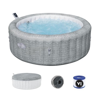 Bestway SaluSpa Bali Smart AirJet Inflatable Hot Tub Round Portable 4 to 6 Person Spa with 140 AirJets, App Control and EnergySense Cover, Grey Rattan