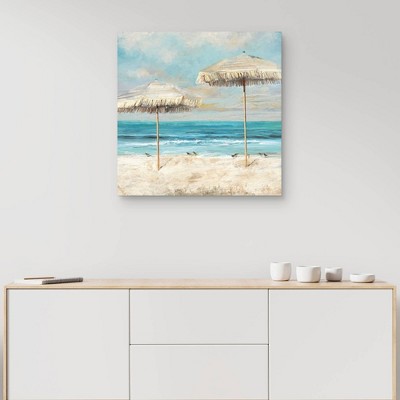 30" x 30" Coastal Beach Scene with Straw Umbrellas Canvas