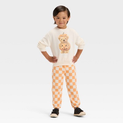 Toddler 2pc Halloween Teddy Bear Pumpkin Fleece Sweatshirt & Pants Set - Orange