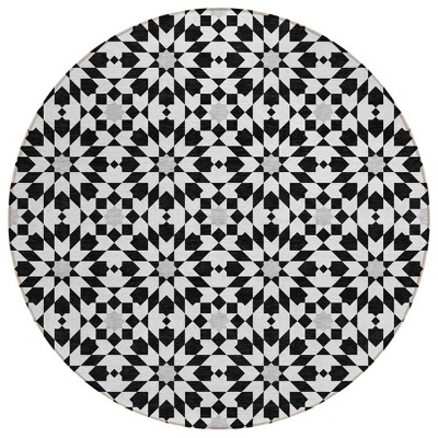 Black Gray And Silver Floral Medallion Washable Indoor Outdoor Area Rug