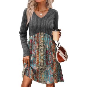Long Sleeve V-Neck Sweater Dress 2025, Women's Empire Waist Babydoll Fall Dress with Pockets T-greyblue Orange Floral - 1 of 4