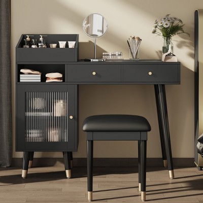 FURNIinspire Vanity Tables Modern Makeup Vanity Desk Bedroom Dressing Table with Stool, Drawers Storage, Space-Saving, Black, 43.9"*37.8"*15.7"