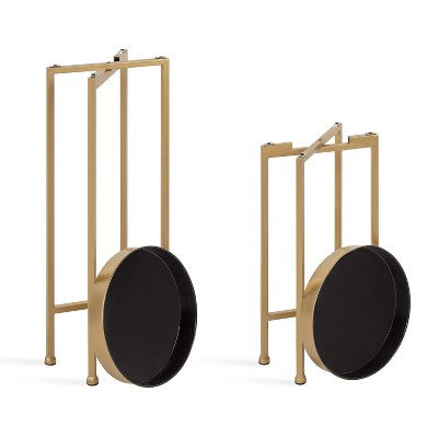 Elegant Gold and Black Round Metal Mirrored Tray Table Set