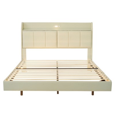 TiramisuBest Queen Size Floating Bed Frame with Storage Headboard - Beige Wood Design