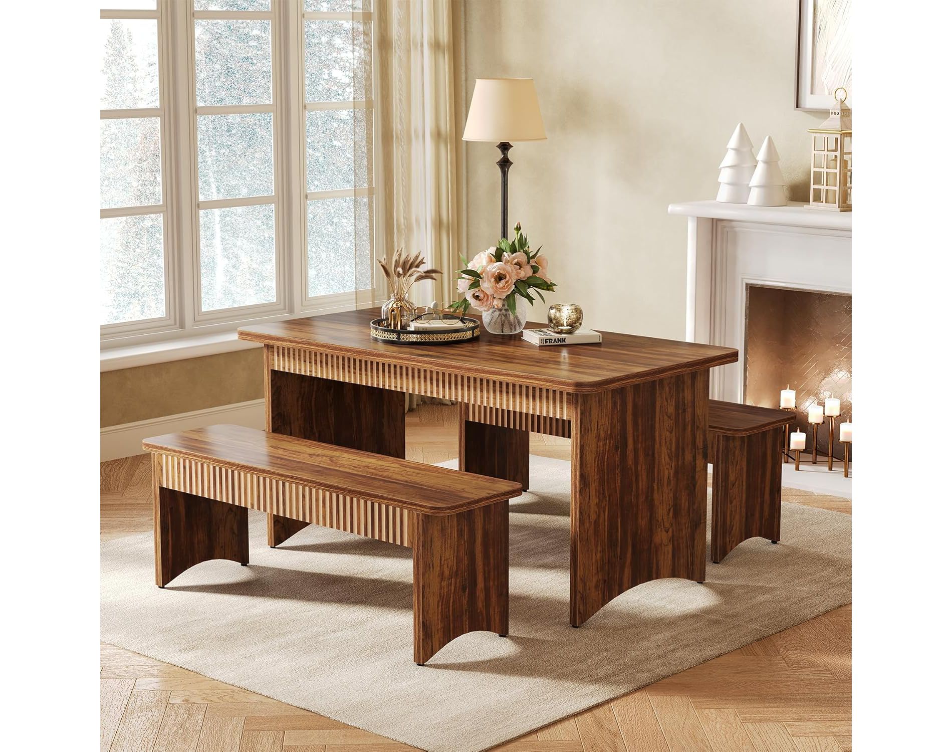 Lantine 55" Dining Table with 2 Benches, Dining Table Set for 4-6 People, Farmhouse Kitchen Table with Bench, Dining Room Table Set
