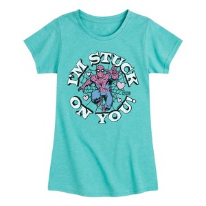 Girls' - Marvel - Spider-man Valentine I'm Stuck On You Fitted Short Sleeve Graphic T-Shirt - 1 of 4