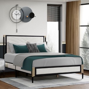 NicBex Full/Queen Metal Platform Bed Frame with Upholstered Headboard,Solid Wood Slats Support,No Box Spring Needed,Noise-Free,Easy Assembly - 1 of 4