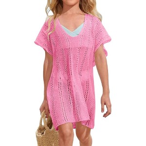 Girls Crochet Beach Cover Up Lightweight U Neck Kids Swimwear Above Knee Beach Cover Up for Girls Beachwear Tops - 1 of 4