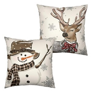 Christmas Pillow Covers 18x18 Set of 2 Brown Snowman Reindeer with Snowflakes - 1 of 3