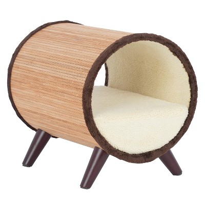 Paws & Purrs Tubular Bamboo Raised Bed Pet Furniture for Small Pets with 4 Inch Thick Mattress and Removable Washable Cover, Beige