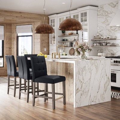 Graphite Black Vegan Leather and Wood Counter Height Barstool