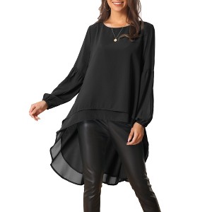 Seta T Women's Lantern Long Sleeve Round Neck High Low Irregular Hem Casual Blouse - 1 of 4