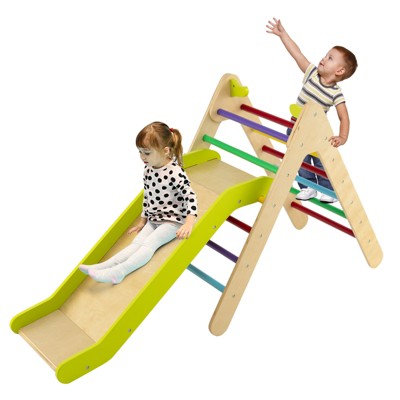 Safstar 2-in-1 Wooden Climbing Triangle Set  Triangle Climber w/ Ramp Multi-color