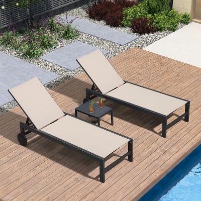 PURPLE LEAF Outdoor Chaise Lounge with Wheels for Outside 2 Pieces Aluminum Patio Lounge Chair with 5 Adjustable Position Recliner Side Table Included