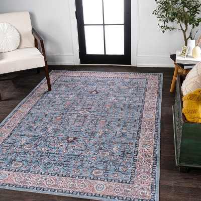 Kemer Persian Blue Red Brown Washable Chenille Area Rug 8' x 10'