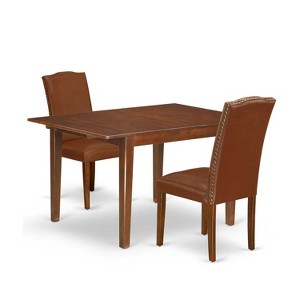 Rectangular Dining Table Set - 3pc Table w/ Butterfly Leaf & 2 Parsons Chairs - Brown Faux Leather - 1 of 4
