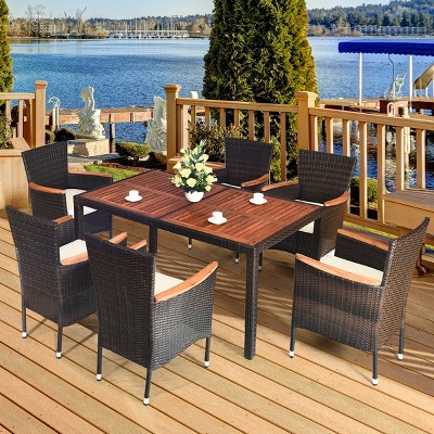 Costway 7PCS Patio Rattan Dining Set 6 Stackable Chairs Cushioned