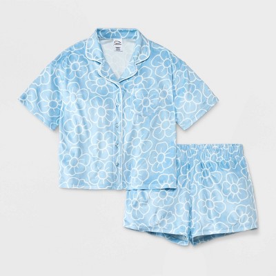 Image of Girls' Short Sleeve Button Up Pajama Set - art class™ Blue S