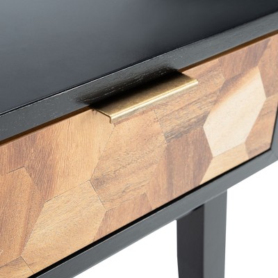 Round Black and Natural Wood Metal Accent Table with Storage