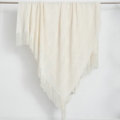 Cream Knitted Zigzag Pattern Throw Blanket with Fringe Edges