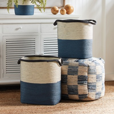 Natural and Blue Seagrass Storage Basket Set with Cotton Liners