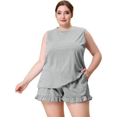 Agnes Orinda Women's Plus Size Satin Cross Camisole Ruffle Trim Elastic  Waist Shorts Sleepwear Pajamas Set Silver Gray 1X