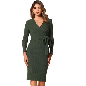 INSPIRE CHIC Women's Wrap V Neck Long Sleeve Tie Waist Sheath Casual Midi Dress - 1 of 4