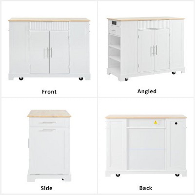 LunaLulinlk Fluted Kitchen Island with Trash Can Storage Cabinet, Power Outlet, Internal Storage Rack