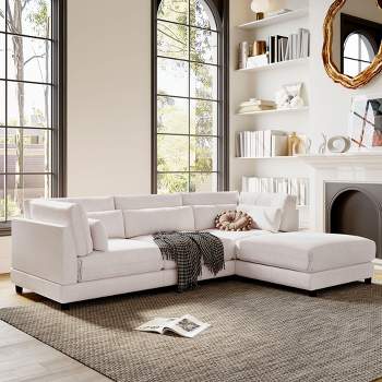 110.6" L-Shaped Sofa with Removable Ottomans and Comfort Lumbar Pillow, Beige - ModernLuxe