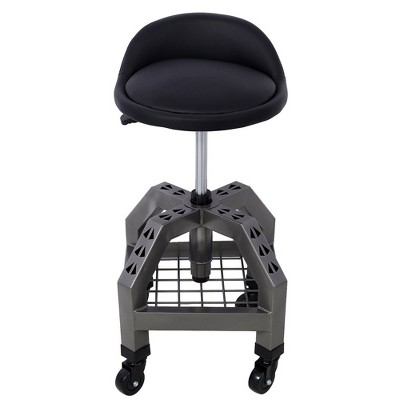 Rolling Shop Stool for Garage with Casters, Adjustable Height 360° Swivel Shop Seat with Tool Tray Storage, Lower Shelf Ergonomic Padding