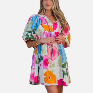 Amaryllis Women's Oversized Floral Mini Dress Boho V-Neck Balloon Sleeve Tiered Flowing Babydoll Dress - 1 of 4