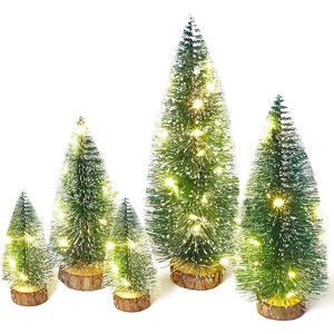 Mini Christmas Tree with Lights, Desktop Miniature Pine Tree Xmas Holiday Decor, with Wooden Base, 5 Pcs with Light - 1 of 4