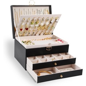 3-Layer Jewelry Box with Lock, Vintage Quilted Top Organizer with Removable Tray, Black - 1 of 4