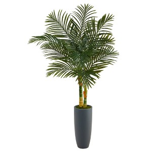 Nearly Natural 58-in Golden Cane Artificial Palm Tree in Gray Planter - 1 of 4