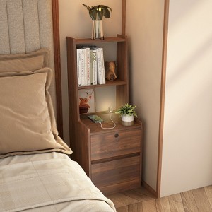 FONTOI Nightstand with Charging Station, Smart Nightstand with Bookshelf, Bedside Tables with Storage Cabinet for Bedroom, Wood, 15.74"*41.14"*15.74" - 1 of 4