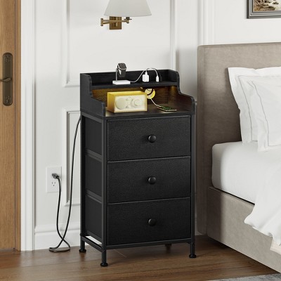 WOWLIVE Nightstand With 3 Drawers & 2-Tier Open Shelf, Bedside Table With LED& 2 USB Ports, Stable Metal Frame