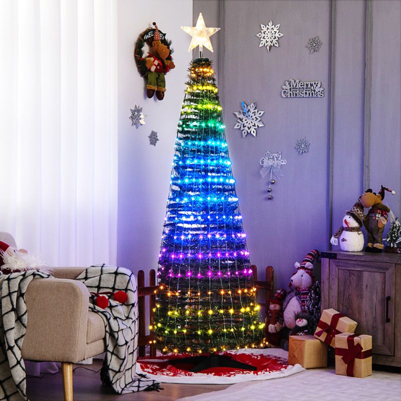 Tangkula 6FT Pop-up Pre-lit Christmas Tree Collapsible Artificial Xmas Tree w/282 RGB Multi-color Lights Tree Top Star, Metal Base, 2 of 11