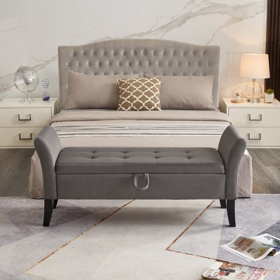 51.5'' Gray Velvet Tufted Storage Ottoman Bench with Arms