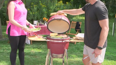 Red Ceramic Kamado Grill with Smoker and Bamboo Side Tables