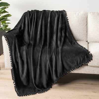 Black Fleece Pom Pom Fringe Throw Blanket