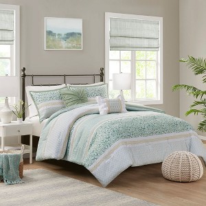 Sapphtopaz Comforter Set Farmhouse Style Seersucker Floral Print Lace Embellishment Reversible Cotton Quilt Set - 1 of 4