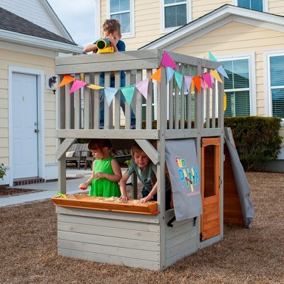 Funphix Outdoor Wooden Playhouse with Climbing Ramp and Telescope