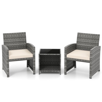 Tangkula 3 Pieces Patio Furniture Set PE Rattan Chairs Set w/ Storage Coffee Table